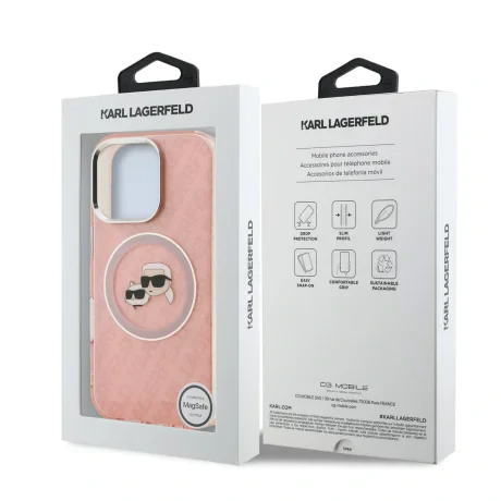 Husă spate Karl Lagerfeld IML K&amp;amp;CH Heads cu logo repetat MagSafe pentru iPhone 16 Pro Max, roz