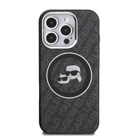 Husă spate Karl Lagerfeld IML K&amp;amp;CH Heads cu logo repetat MagSafe pentru iPhone 16 Pro, neagră