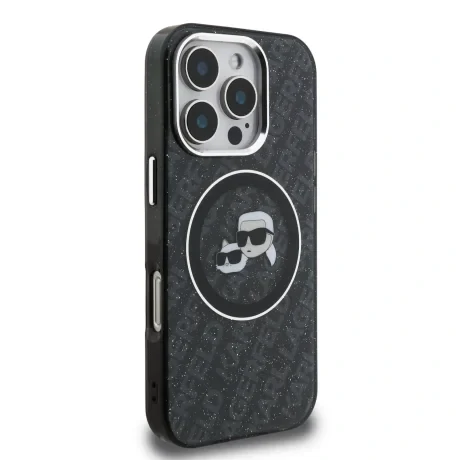 Husă spate Karl Lagerfeld IML K&amp;amp;CH Heads cu logo repetat MagSafe pentru iPhone 16 Pro, neagră