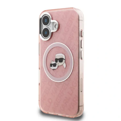 Husă spate Karl Lagerfeld IML K&amp;amp;CH Heads cu logo repetat MagSafe pentru iPhone 16, roz