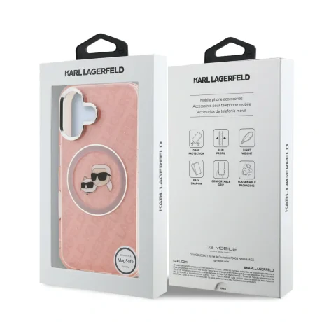Husă spate Karl Lagerfeld IML K&amp;amp;CH Heads cu logo repetat MagSafe pentru iPhone 16, roz