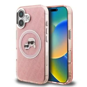 Husă spate Karl Lagerfeld IML K&amp;amp;CH Heads cu logo repetat MagSafe pentru iPhone 16, roz