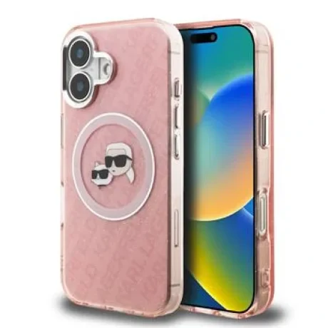 Husă spate Karl Lagerfeld IML K&amp;amp;CH Heads cu logo repetat MagSafe pentru iPhone 16, roz