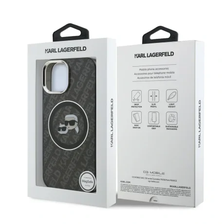 Husă spate Karl Lagerfeld IML K&amp;amp;CH Heads Repeated Logo MagSafe pentru iPhone 15, neagră