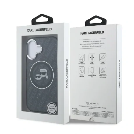 Husă spate Karl Lagerfeld IML K&amp;amp;CH Heads Repeated Logo MagSafe pentru iPhone 16, neagră