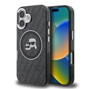 Husă spate Karl Lagerfeld IML K&amp;amp;CH Heads Repeated Logo MagSafe pentru iPhone 16, neagră