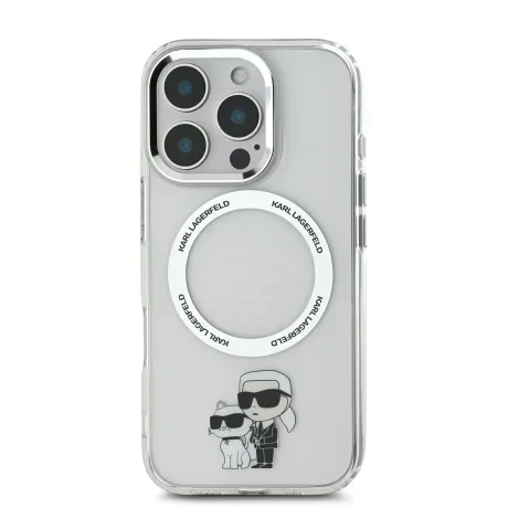 Husă spate Karl Lagerfeld IML Karl and Choupette MagSafe pentru iPhone 16 Pro, transparentă