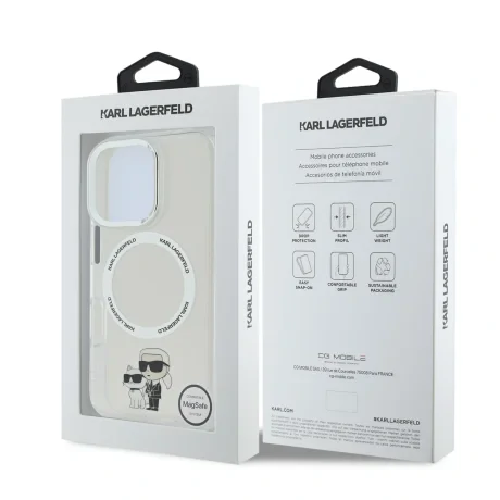 Husă spate Karl Lagerfeld IML Karl and Choupette MagSafe pentru iPhone 16 Pro, transparentă