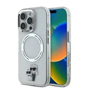 Husă spate Karl Lagerfeld IML Karl and Choupette MagSafe pentru iPhone 16 Pro, transparentă