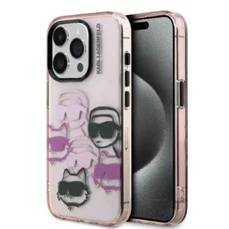 Husă spate Karl Lagerfeld IML Multi K&amp;amp;CH Heads pentru iPhone 15 Pro Max, roz