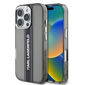 Husă spate Karl Lagerfeld IML Stripe Logo pentru iPhone 16 Pro, neagră