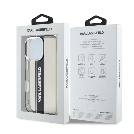 Husă spate Karl Lagerfeld IML Stripe Logo pentru iPhone 16 Pro, neagră