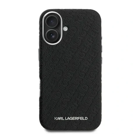 Husă spate Karl Lagerfeld MagSafe cu logo repetat din PU granulat pentru iPhone 16, neagră
