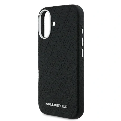 Husă spate Karl Lagerfeld MagSafe cu logo repetat din PU granulat pentru iPhone 16, neagră