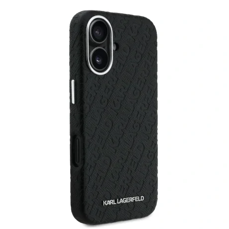 Husă spate Karl Lagerfeld MagSafe cu logo repetat din PU granulat pentru iPhone 16, neagră