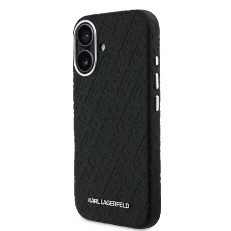 Husă spate Karl Lagerfeld MagSafe cu logo repetat din PU granulat pentru iPhone 16, neagră