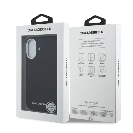 Husă spate Karl Lagerfeld MagSafe cu logo repetat din PU granulat pentru iPhone 16, neagră