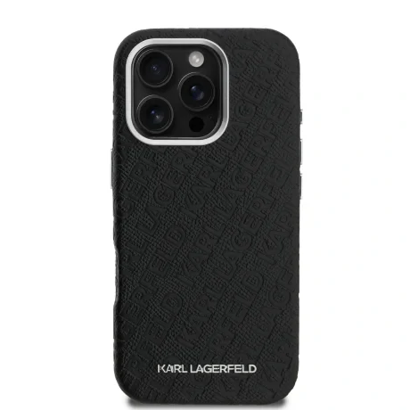Husă spate Karl Lagerfeld MagSafe cu logo repetat din PU granulat pentru iPhone 16 Pro Max, neagră