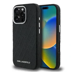 Husă spate Karl Lagerfeld MagSafe cu logo repetat din PU granulat pentru iPhone 16 Pro, neagră