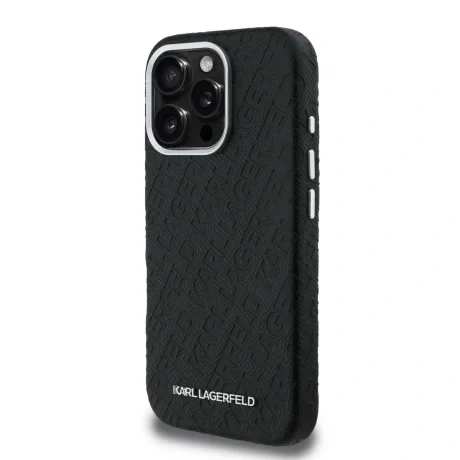 Husă spate Karl Lagerfeld MagSafe cu logo repetat din PU granulat pentru iPhone 16 Pro, neagră