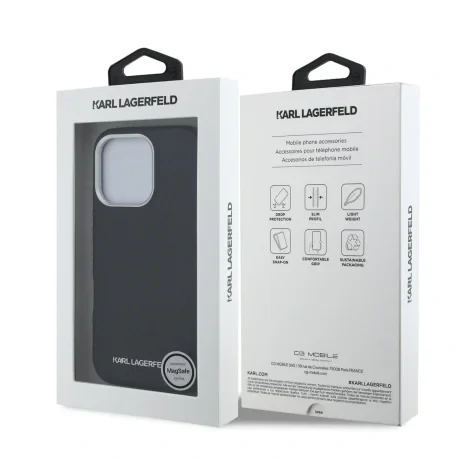 Husă spate Karl Lagerfeld MagSafe cu logo repetat din PU granulat pentru iPhone 16 Pro, neagră