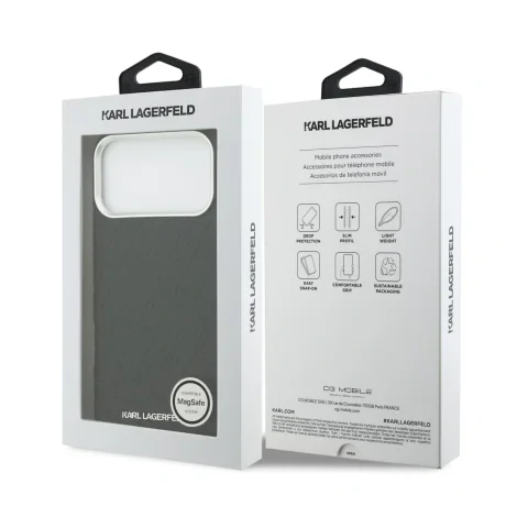 Husă spate Karl Lagerfeld MagSafe cu logo repetat din PU granulat pentru iPhone 17 Pro Max, neagră