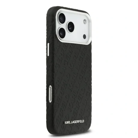 Husă spate Karl Lagerfeld MagSafe cu logo repetat din PU granulat pentru iPhone 17 Pro Max, neagră
