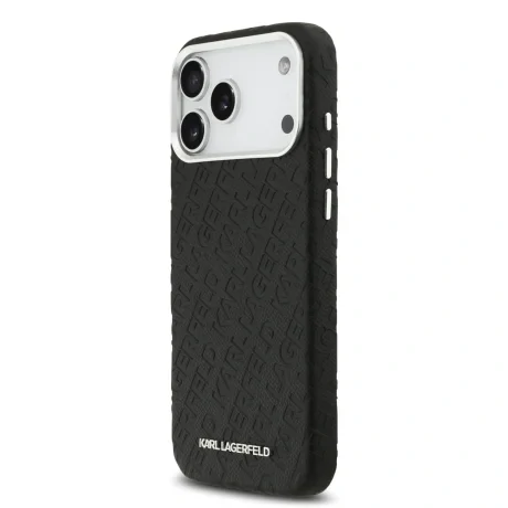 Husă spate Karl Lagerfeld MagSafe cu logo repetat din PU granulat pentru iPhone 17 Pro Max, neagră