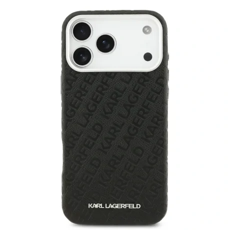 Husă spate Karl Lagerfeld MagSafe cu logo repetat din PU granulat pentru iPhone 17 Pro Max, neagră