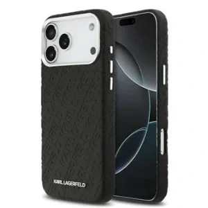 Husă spate Karl Lagerfeld MagSafe cu logo repetat din PU granulat pentru iPhone 17 Pro Max, neagră