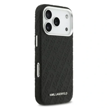 Husă spate Karl Lagerfeld MagSafe cu logo repetat din PU granulat pentru iPhone 17 Pro, neagră