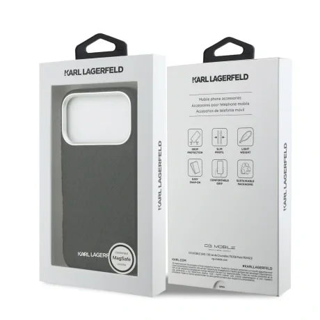 Husă spate Karl Lagerfeld MagSafe cu logo repetat din PU granulat pentru iPhone 17 Pro, neagră