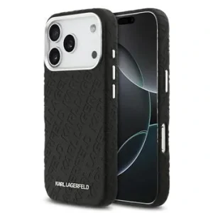 Husă spate Karl Lagerfeld MagSafe cu logo repetat din PU granulat pentru iPhone 17 Pro, neagră