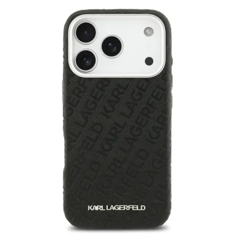 Husă spate Karl Lagerfeld MagSafe cu logo repetat din PU granulat pentru iPhone 17 Pro, neagră