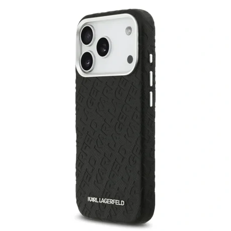 Husă spate Karl Lagerfeld MagSafe cu logo repetat din PU granulat pentru iPhone 17 Pro, neagră