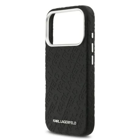 Husă spate Karl Lagerfeld MagSafe cu logo repetat din PU granulat pentru iPhone 17 Pro, neagră