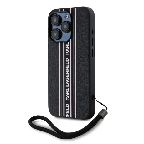 Husă spate Karl Lagerfeld PU Saffiano Athleisure cu dungi și curea pentru iPhone 15 Pro Max, roz