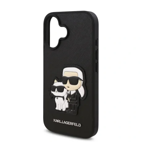 Husă spate Karl Lagerfeld PU Saffiano Karl and Choupette pentru iPhone 16, neagră
