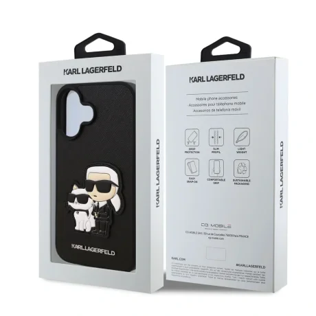 Husă spate Karl Lagerfeld PU Saffiano Karl and Choupette pentru iPhone 16, neagră