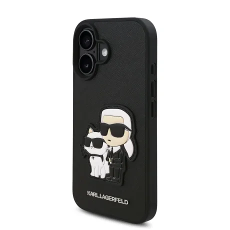 Husă spate Karl Lagerfeld PU Saffiano Karl and Choupette pentru iPhone 16, neagră