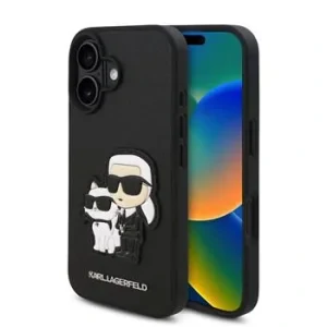 Husă spate Karl Lagerfeld PU Saffiano Karl and Choupette pentru iPhone 16, neagră