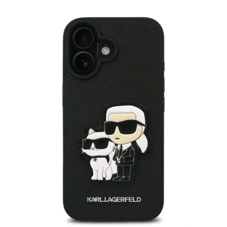 Husă spate Karl Lagerfeld PU Saffiano Karl and Choupette pentru iPhone 16, neagră
