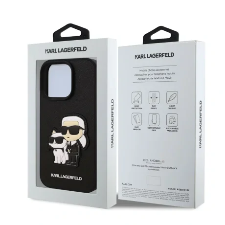 Husă spate Karl Lagerfeld PU Saffiano Karl and Choupette pentru iPhone 16 Pro Max, neagră