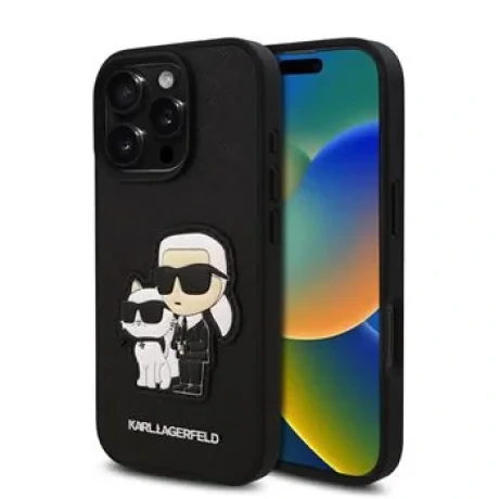 Husă spate Karl Lagerfeld PU Saffiano Karl and Choupette pentru iPhone 16 Pro Max, neagră