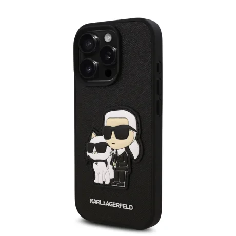 Husă spate Karl Lagerfeld PU Saffiano Karl and Choupette pentru iPhone 16 Pro Max, neagră