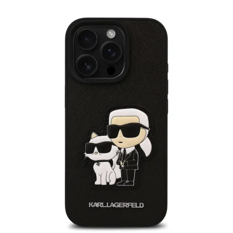 Husă spate Karl Lagerfeld PU Saffiano Karl and Choupette pentru iPhone 16 Pro Max, neagră