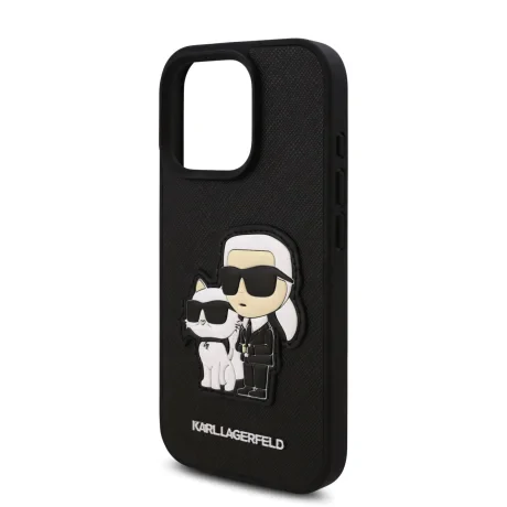 Husă spate Karl Lagerfeld PU Saffiano Karl and Choupette pentru iPhone 16 Pro Max, neagră