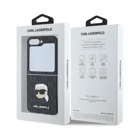 Husă spate Karl Lagerfeld PU Saffiano Monogram Karl Head pentru Samsung Galaxy Z Flip 6/7 FE Neagră