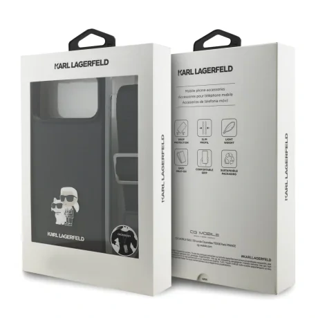 Husă spate Karl Lagerfeld Saffiano Crossbody cu curea metalică Karl and Choupette pentru iPhone 17 Pro Max, neagră