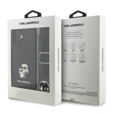 Husă spate Karl Lagerfeld Saffiano Crossbody Ring Metal Karl and Choupette pentru iPhone 17, neagră